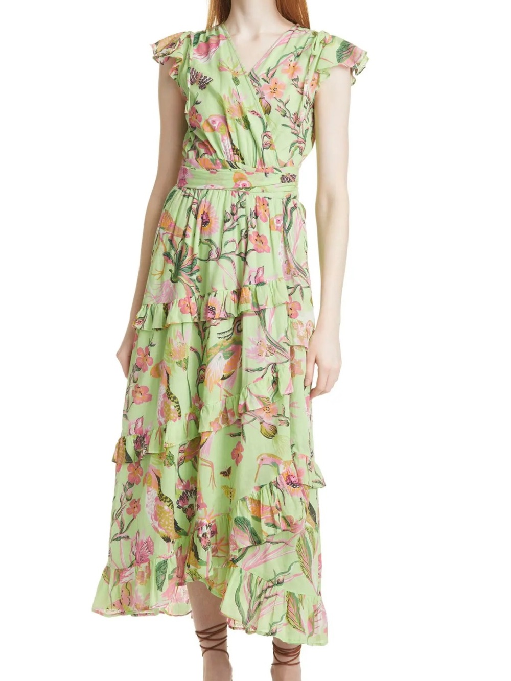 BANJANAN Sadie Jubilee Green Tropical Cotton Ruffle Maxi Wrap Dress Size Large